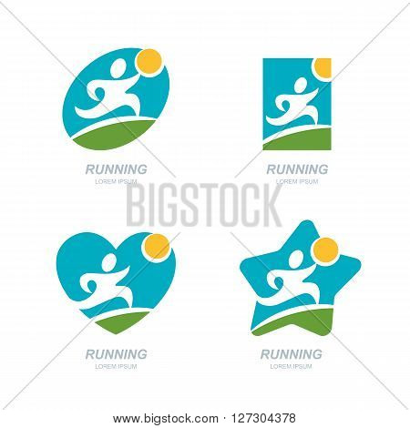 Set of vector human logo label icon design elements. Running man silhouette on spring or summer landscape background. Concept for sports club fitness competition marathon and healthy lifestyle.