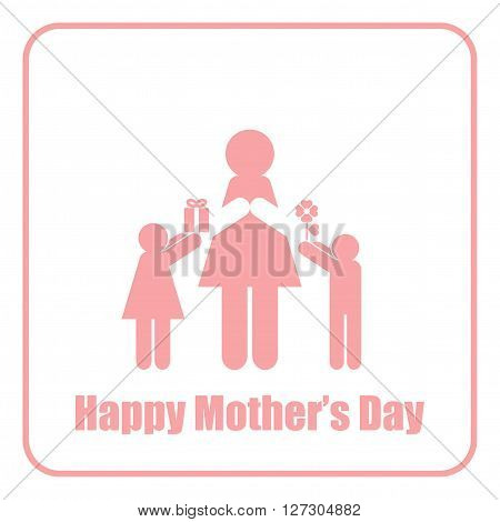 Girl and boy giving mom mother's day presents in stick figure style on white background.