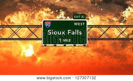 Sioux Falls Usa Interstate Highway Sign In A Beautiful Cloudy Sunset Sunrise