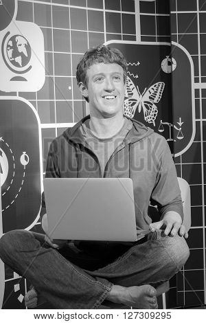 BANGKOK THAILAND - DECEMBER 19: Wax figure of the famous Mark Zuckerberg from Madame Tussauds on December 19 2015 in Bangkok Thailand. Black and white Photo.