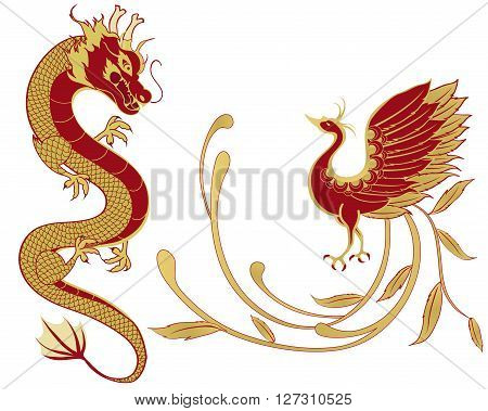 Dragon and phoenix for symbolism in traditional Chinese wedding and marriages isolated version