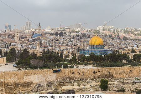 View of the Al-Aqsa Mosque (aka Bayt al-Muqaddas) and the old town of Jerusalem from the Mount of Olives (Jerusalem Israel)
