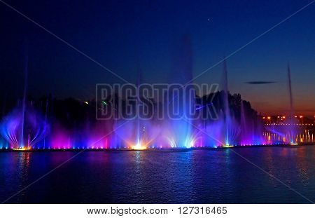 VINNYTSIA, UKRAINE - MAY 31, 2015: Biggest fountain on the river in Vinnytsia ,Ukraine. Located in the river Southern Buh fountain has a length of 140 meters and the height of the jet up to 60 m
** Note: Soft Focus at 100%, best at smaller sizes