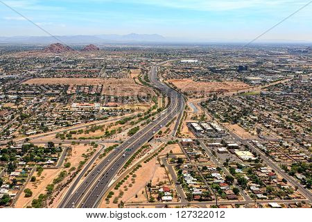 Above the Loop 202 Red Mountain Freeway in Phoenix Arizona looking east