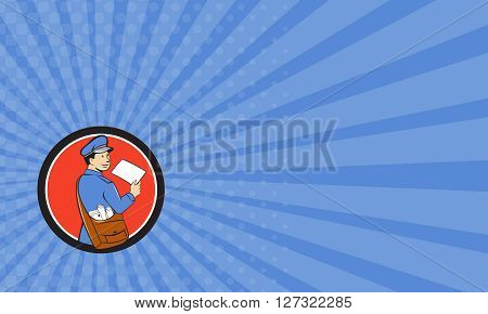Business card showing llustration of a mailman postman delivering a letter looking to the side viewed from rear set inside circle on isolated background done in cartoon style.