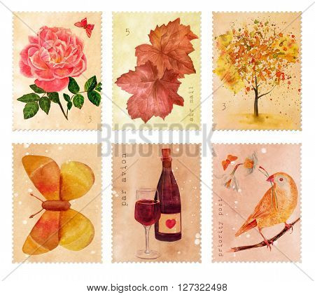 Set of stamps to be used as design elements with watercolor rose butterfly leaves and bird hand painted in vintage botanical art style; other stamps have tree and wine bottle and glass
