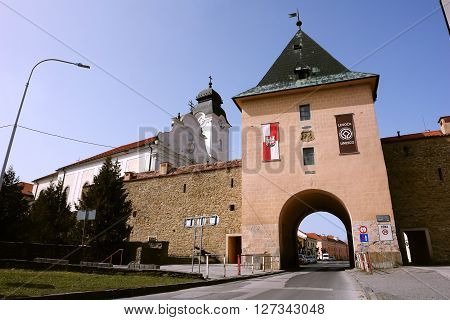 Levoca PRESOV SLOVAKIA - APRIL 03 2016: Old town gate in historical center of Levoca Slovakia.
