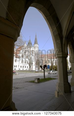 Levoca PRESOV SLOVAKIA - APRIL 03 2016: View from the old town arch in historical center of Levoca Slovakia.