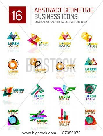 Abstract geometric business logo icon set. Colorful geometrical figure compositions with light effects - triangles circles rings arrows lines