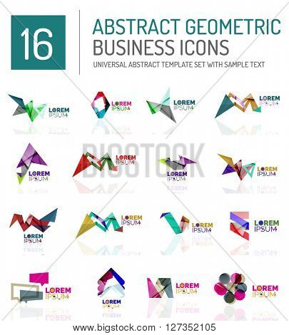 Abstract geometric business logo icon set. Colorful geometrical figure compositions with light effects - triangles circles rings arrows lines