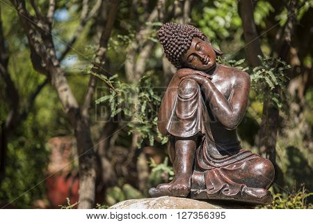 Statue of bronze buddha sleeping in a garden by mesquite tree
