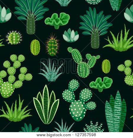 Seamless pattern of cacti and succulents. Modern seamless background of houseplants. Seamless pattern of cactus isolated on dark background. Vector illustration.