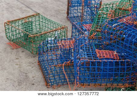 Traps for shellfish octopus on dock. Close-up.
