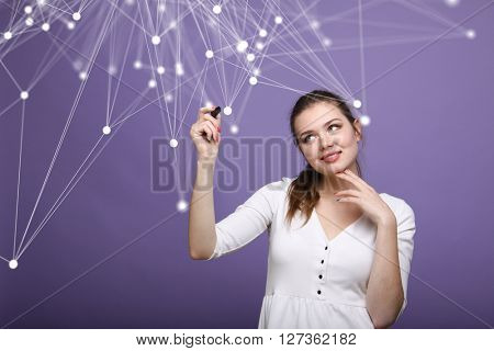 Global network connection concept, woman working with futuristic computer interface.