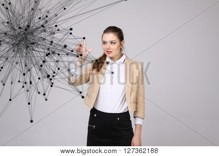 Global network connection concept, woman working with futuristic computer interface.