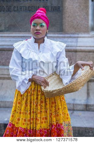 CARTAGENA COLOMBIA - FEB 04 : Street performer in Cartagena Colombia on February 04 2016. The historic port city Cartagena is UNESCO World Heritage Site since 1984.