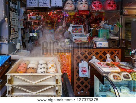 YOKOHAMA JAPAN - NOVEMBER 24 2015: Yokohama Chinatown is Japan's largest chinatown. A large number of Chinese stores and restaurants can be found in the narrow and colorful streets