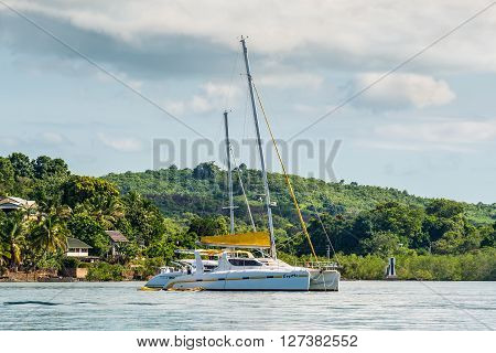 Hell-Ville Madagascar - December 19 2015: Yacht catamaran Coyotte anchored at Hell-Ville Nosy Be Island Madagascar.