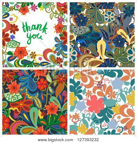 Set of floral backgrounds. Seamless floral pattern with yellow red pink hand drawn flowers. "Thank you" lettering in floral background. Spring and summer flowers. Vector illustration.