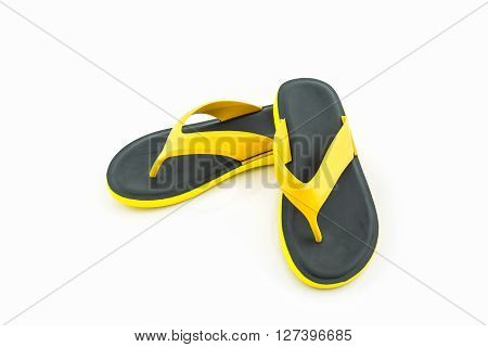 Colorful of Sandals shoes Yellow and black flip flops on white background.
