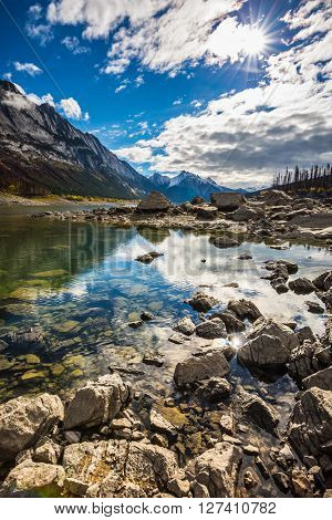  Jasper National Park, Canada. Beneaped Medicine Lake in the fall