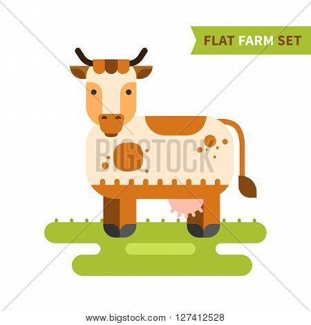 Flat cow colorful vector illustration. Isolated cow logo for your design in flat style. Cute cow grazing on green lawn. Part of flat farm set.