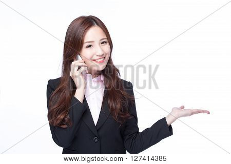 Young Business woman show empty copy space and smile talking on the mobile phone isolated on white background model is a asian beauty