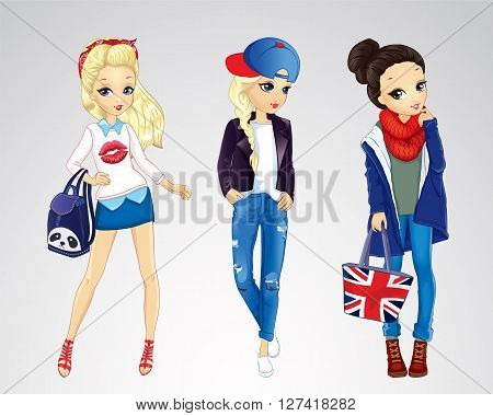 Vector illustration of fashion girls dressed in jeens city style