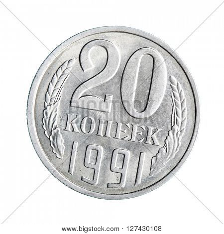 Old soviet coin (twenty copecks) isolated over white background
