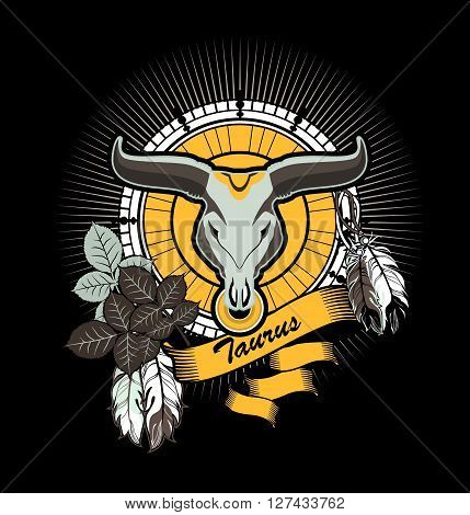 vector illustration Taurus emblem vintage frame with feathers on a black background