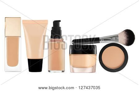 liquid makeup foundation in bottle and face powder isolated on white background