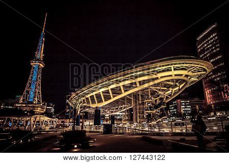 NAGOYA JAPAN - January 22: Oasis 21 in Nagoya Japan on January 22 2016. A shopping complex nearby Nagoya Tower its large oval glass roof structure floats above ground level