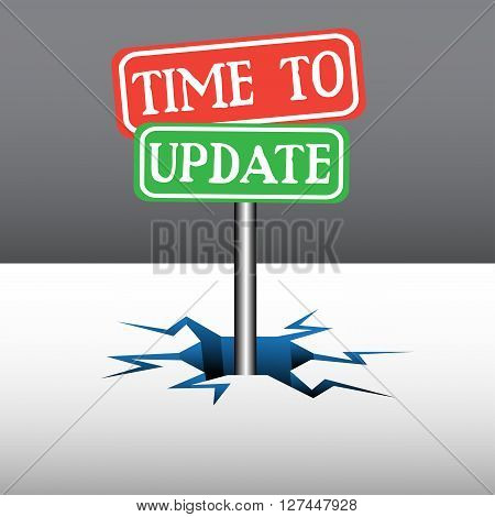 Abstract colorful background with two plates with the text time to update coming out from an ice crack