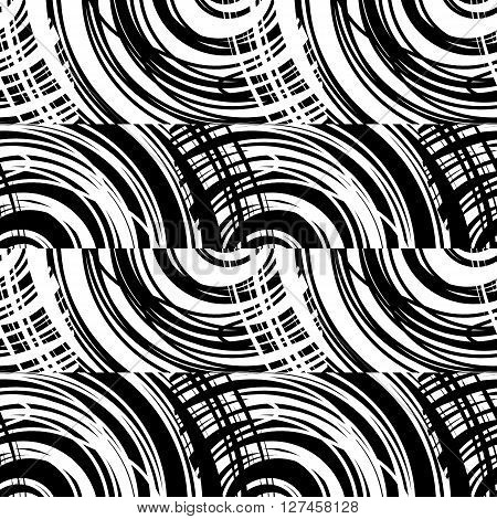 Fantasy seamless patterns with spiral of abstract tangled thread . Monochrome freehand texture. Black and white modern artistic background with destroyed circles lines. Vector illustration.