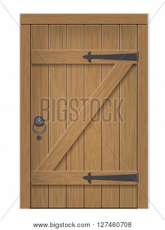 Old wooden door. Closed door made of wooden planks with iron hinges. Vector detailed isolated illustration.