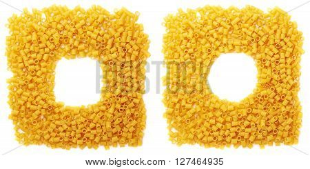 Square frame made of dry ditalini yellow pasta over isolated white background