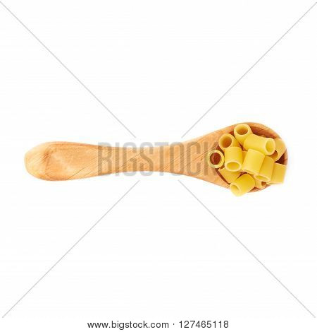 Wooden spoon filled with dry ditalini yellow pasta over isolated white background