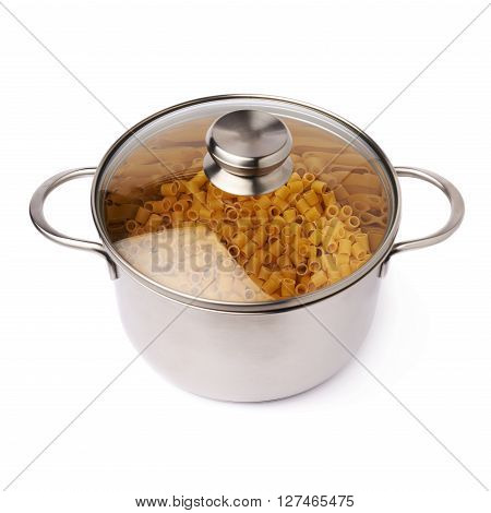 Metal pan with glass lid filled with dry ditalini yellow pasta over isolated white background