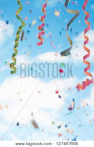 Streamers and confettion white and blue  background