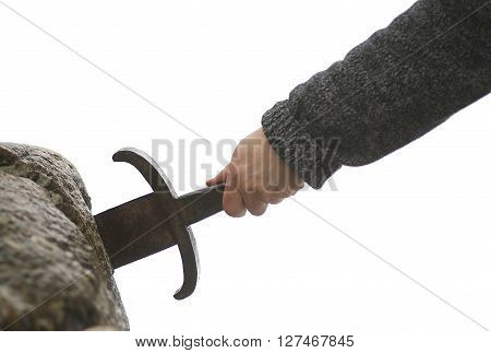 Knight Tries To Remove Excalibur Sword In The Stone