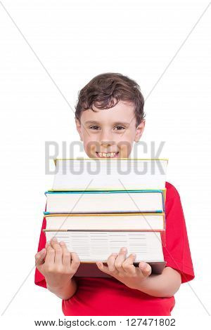 Education Concept - Happy smiling boy carrying heap of books Isolated on the White Background