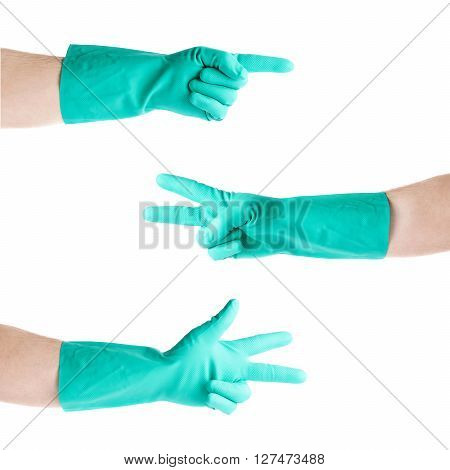 Set of hands in rubber latex green glove  showing gesture over white isolated background