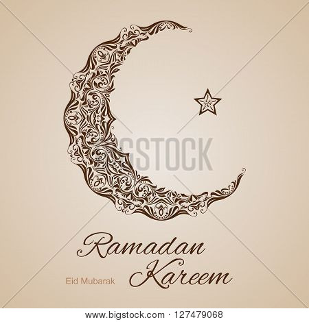 Brown ornate crescent with star on beige background. Greeting card of holy Muslim month Ramadan