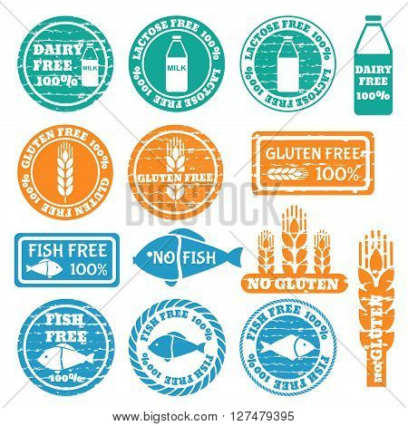 Set of grunge stamps with allergen icons. Gluten fish dairy lactose free icons . Vector illustration