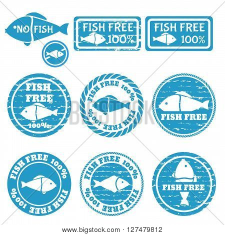 Set of grunge stamps with allergen icons. Fish free icons . Vector illustration