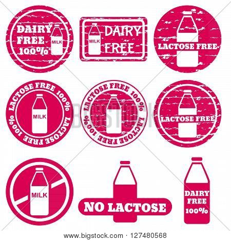Set of grunge stamps with allergen icons. Dairy Lactose free icons . Vector illustration