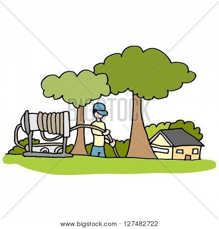An image of a high pressure hose Plumber working in front yard of home.