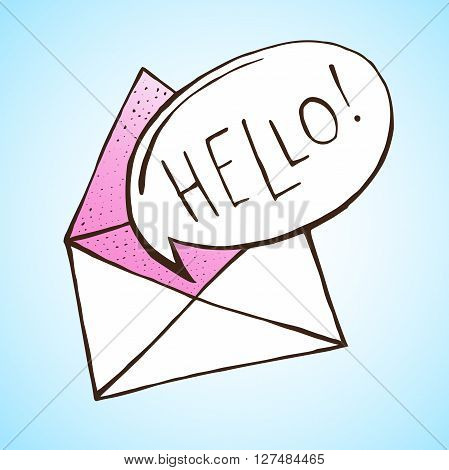 Opened letter with speech bubble. Hand drawn vector illustration. Concept of sms, spam, writing, postcard, salutation, chatting, mailbox, textual talking, checking email
