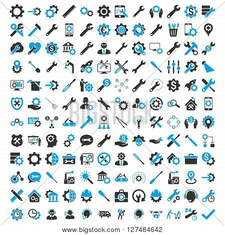 Options and service tools icon set with 144 icons. Vector style is flat bicolor symbols, blue and gray colors, rounded angles, white background.