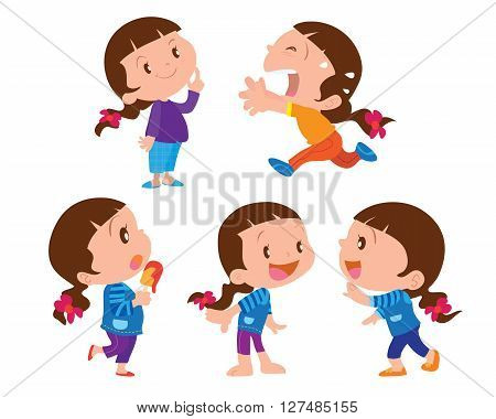 Illustration of the five different positions of a girl on a white background